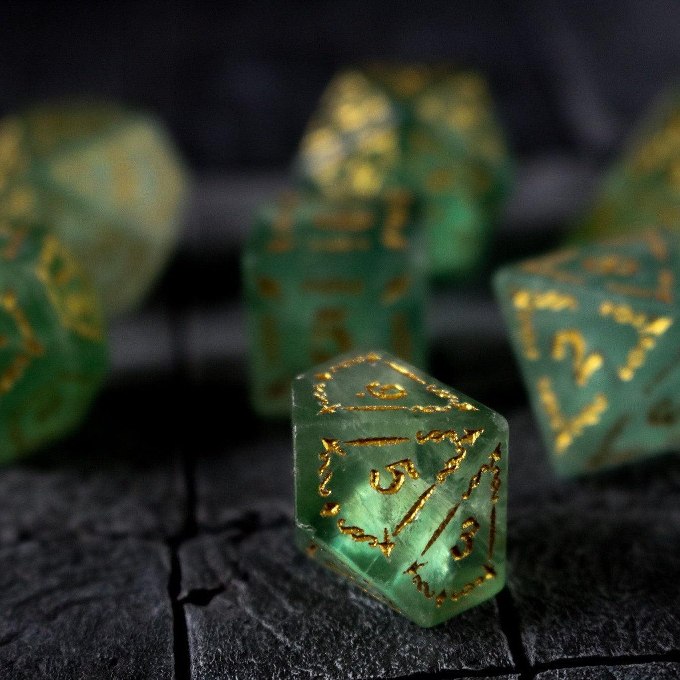 Vine Spike Green Fluorite Gemstone DND Dice Set | Gemstone Dice | Wiccan Center
