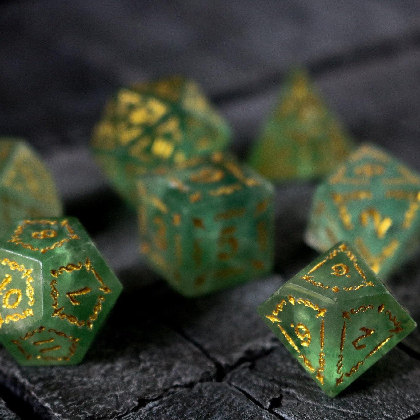 Vine Spike Green Fluorite Gemstone DND Dice Set | Gemstone Dice | Wiccan Center