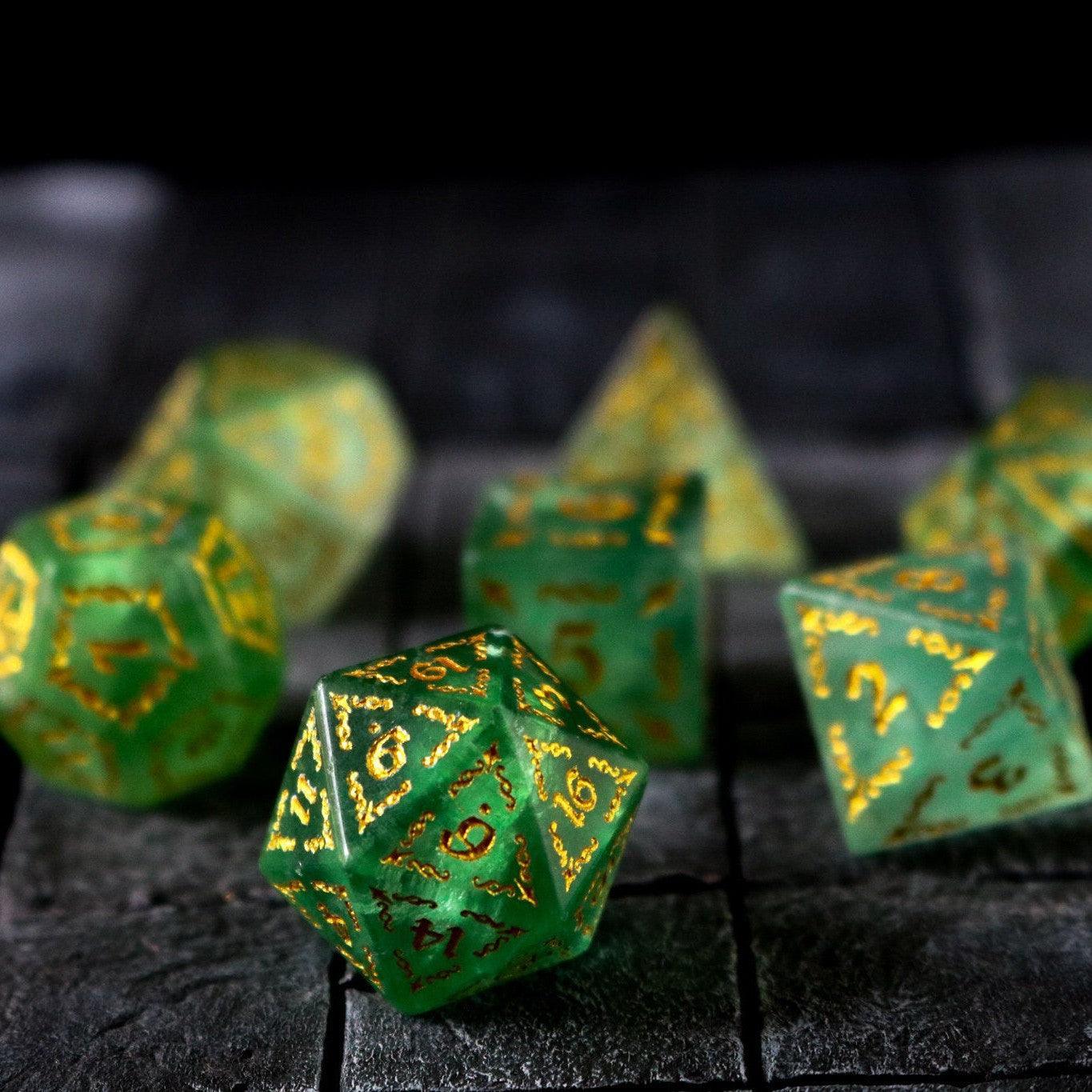 Vine Spike Green Fluorite Gemstone DND Dice Set | Gemstone Dice | Wiccan Center