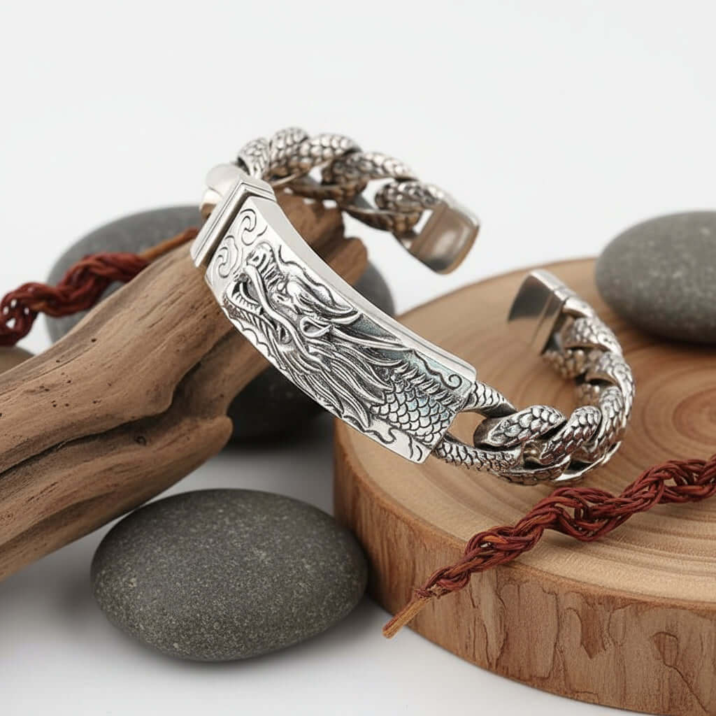 Vintage Dragon Bracelet for Men – Silver Stainless Steel Zodiac Style Jewelry