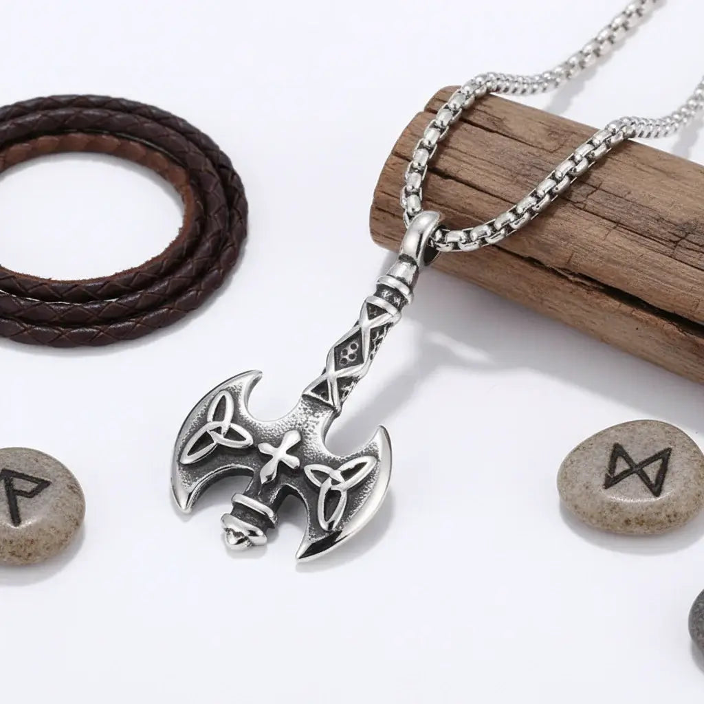 Vintage Viking Axe Pendant Necklace – Stainless Steel Nordic Warrior Axe Necklace for Men & Women