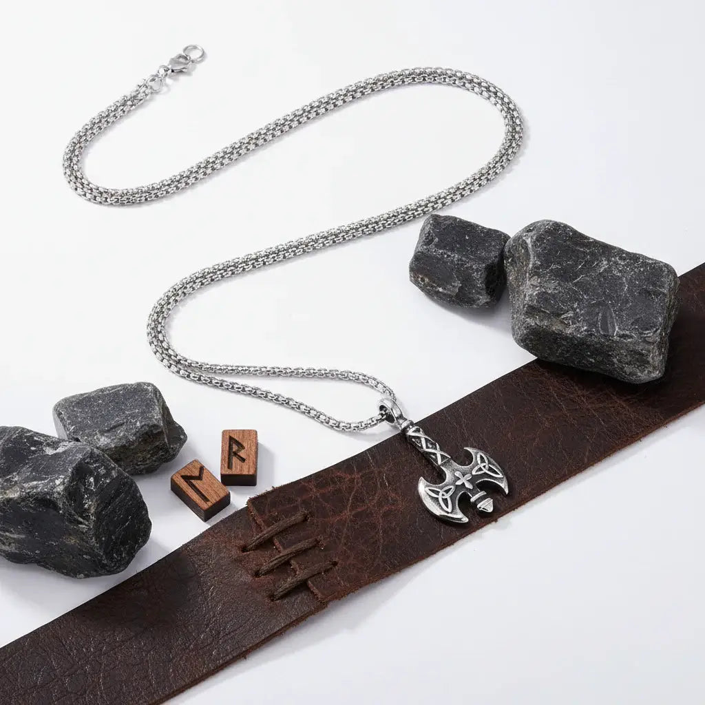 Vintage Viking Axe Pendant Necklace – Stainless Steel Nordic Warrior Axe Necklace for Men & Women