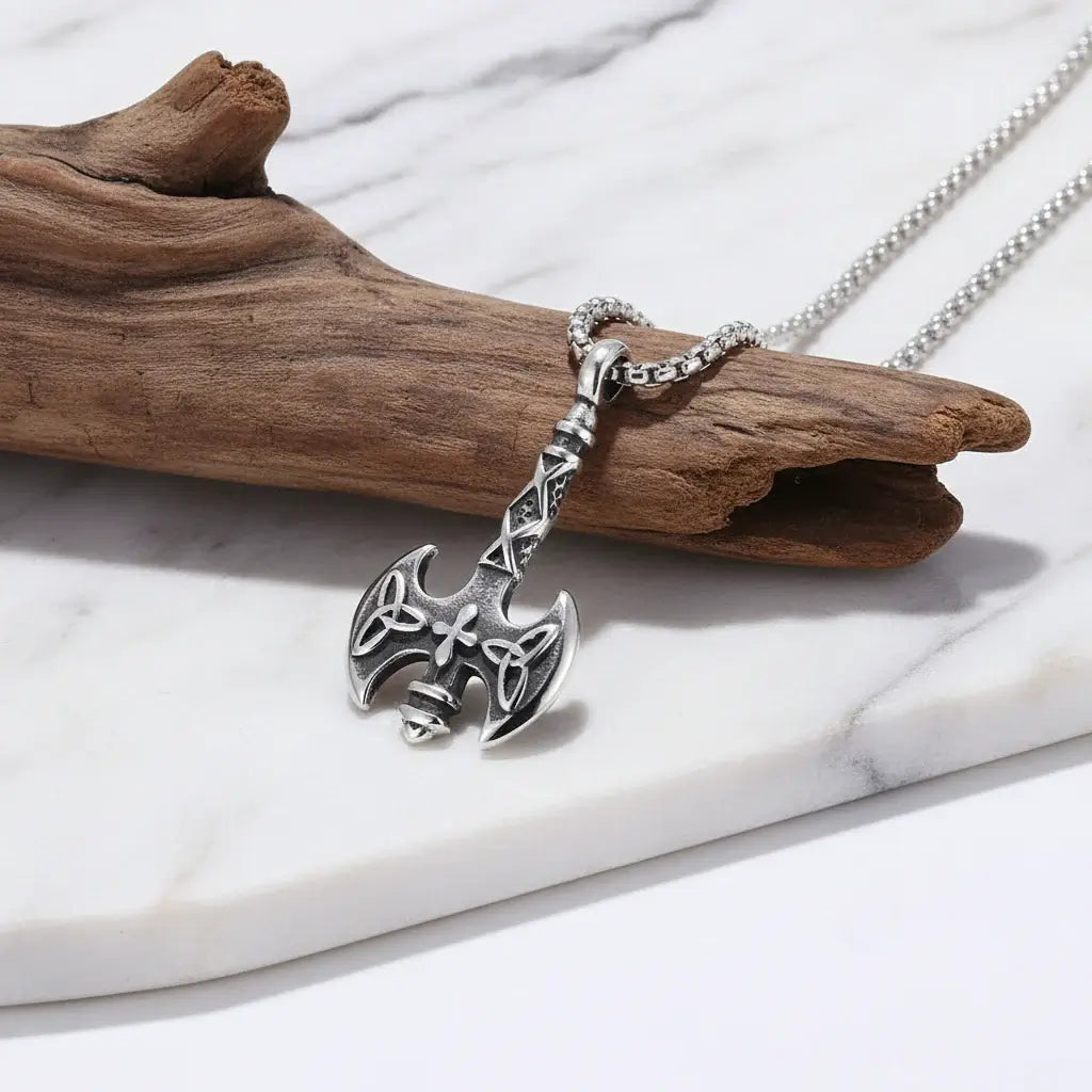 Vintage Viking Axe Pendant Necklace – Stainless Steel Nordic Warrior Axe Necklace for Men & Women