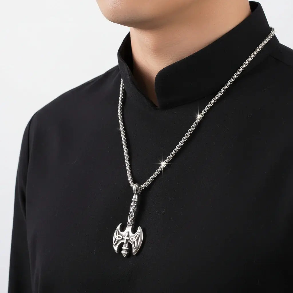 Vintage Viking Axe Pendant Necklace – Stainless Steel Nordic Warrior Axe Necklace for Men & Women