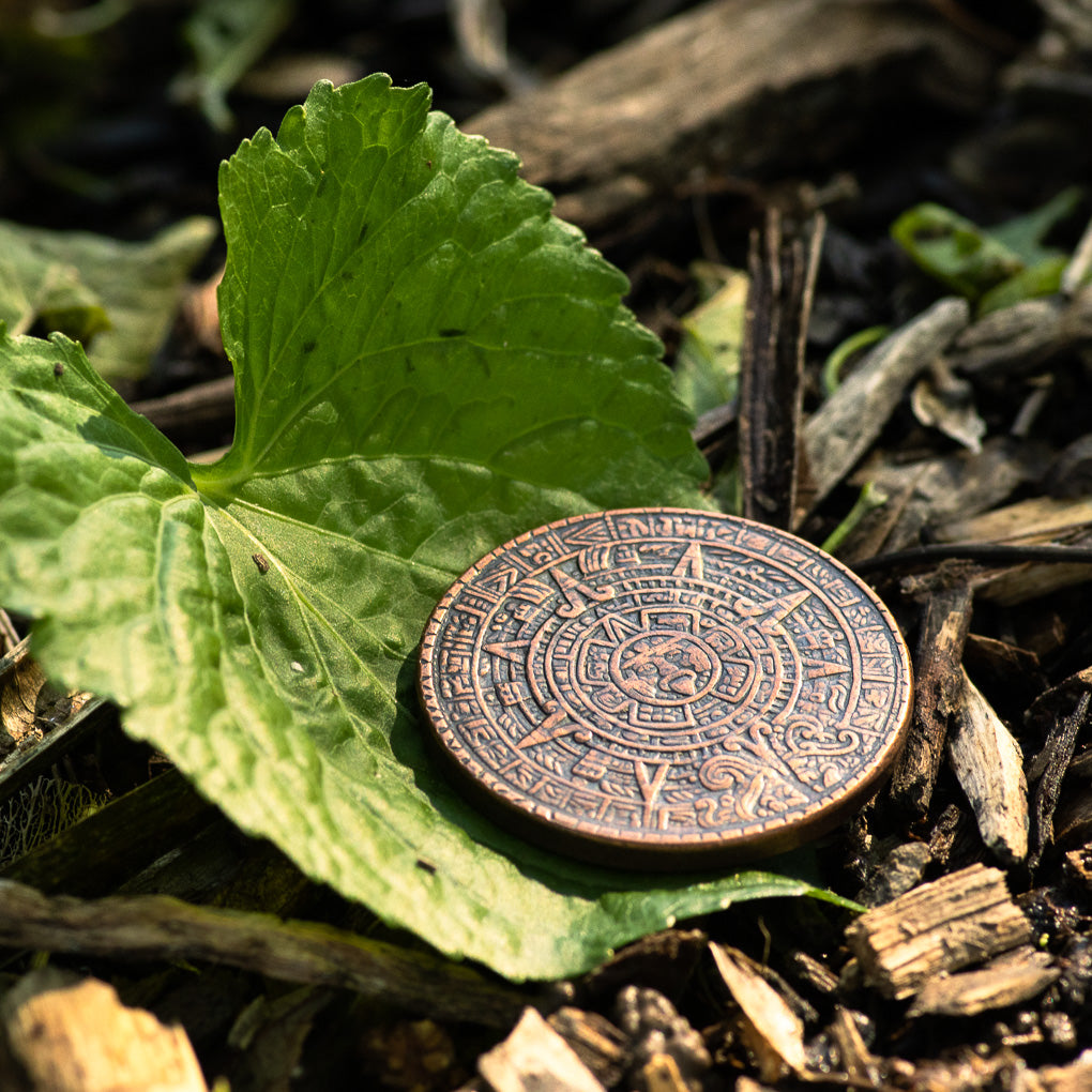 Aztec Sun Stone Calendar - Copper Worry Coin | Artwork | Wiccan Center