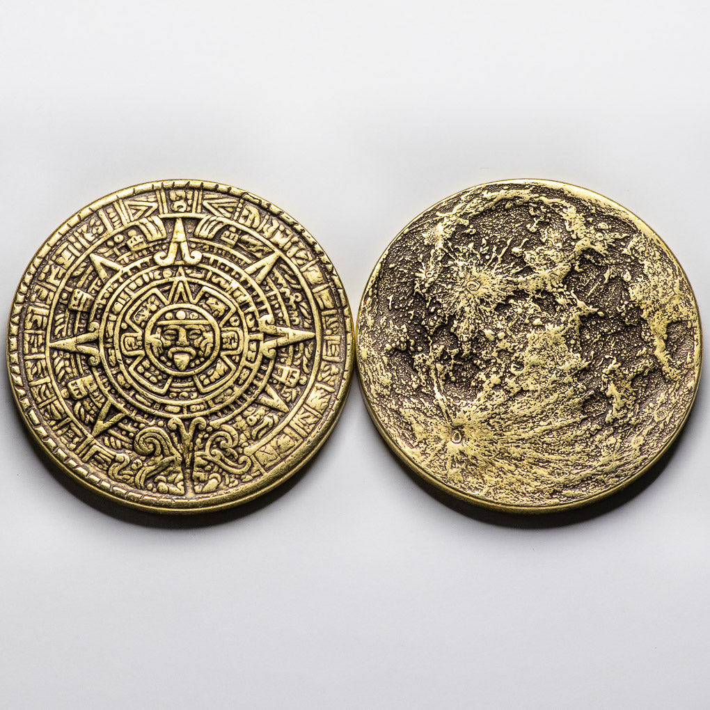 The Sun and Moon Worry Coin - Aztec Sun Stone Calendar and Moon | Artwork | Wiccan Center