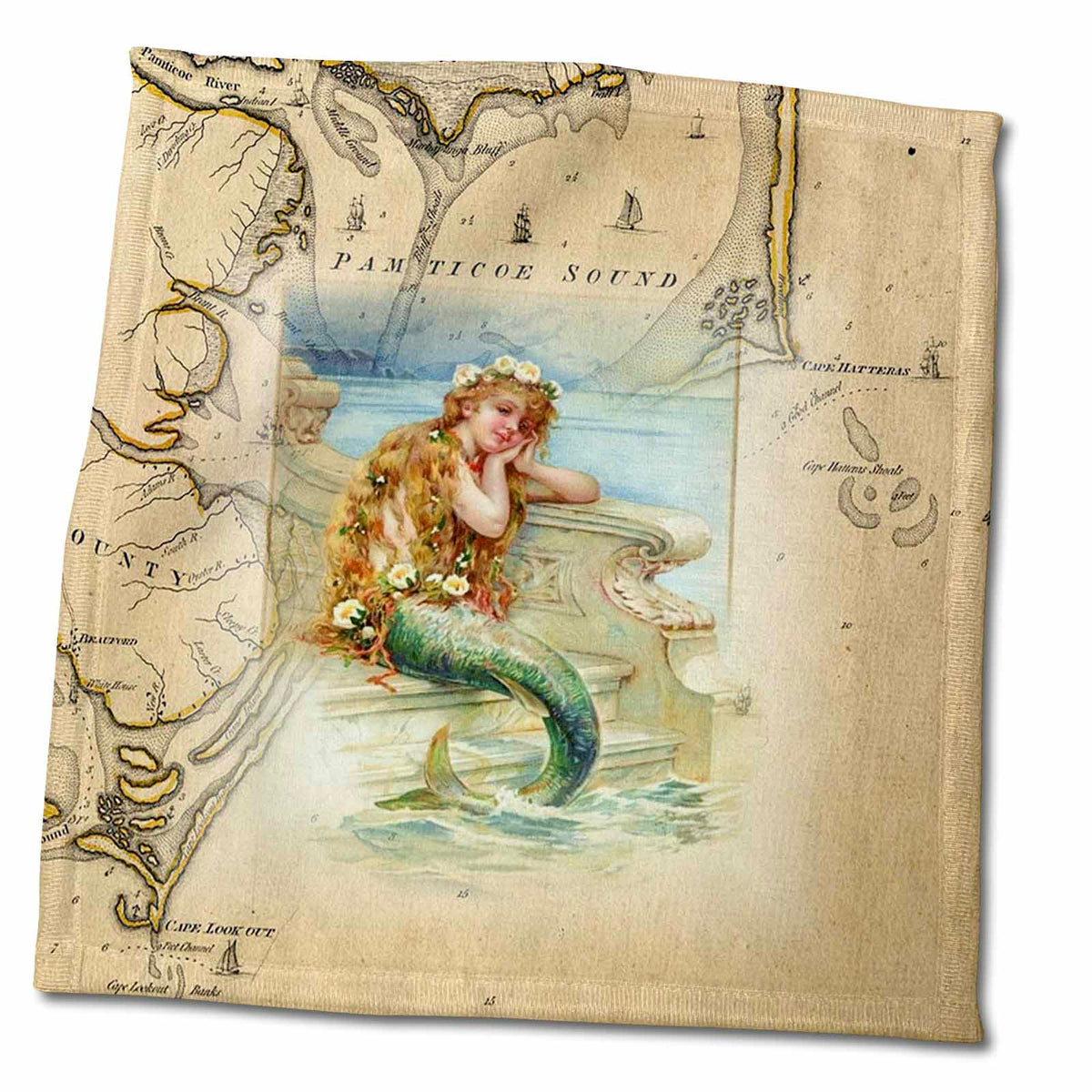 3dRose Print of Vintage Map Outer Banks With Mermaid - Towels (twl-204851)