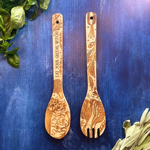 "Eat Your Greens, Witch" Engraved Bamboo Salad Server Set | Kitchen | Wiccan Center