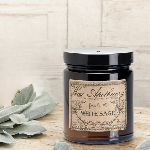 6 oz Botanical Candle in Amber Glass Jar - White Sage | Candle | Wiccan Center
