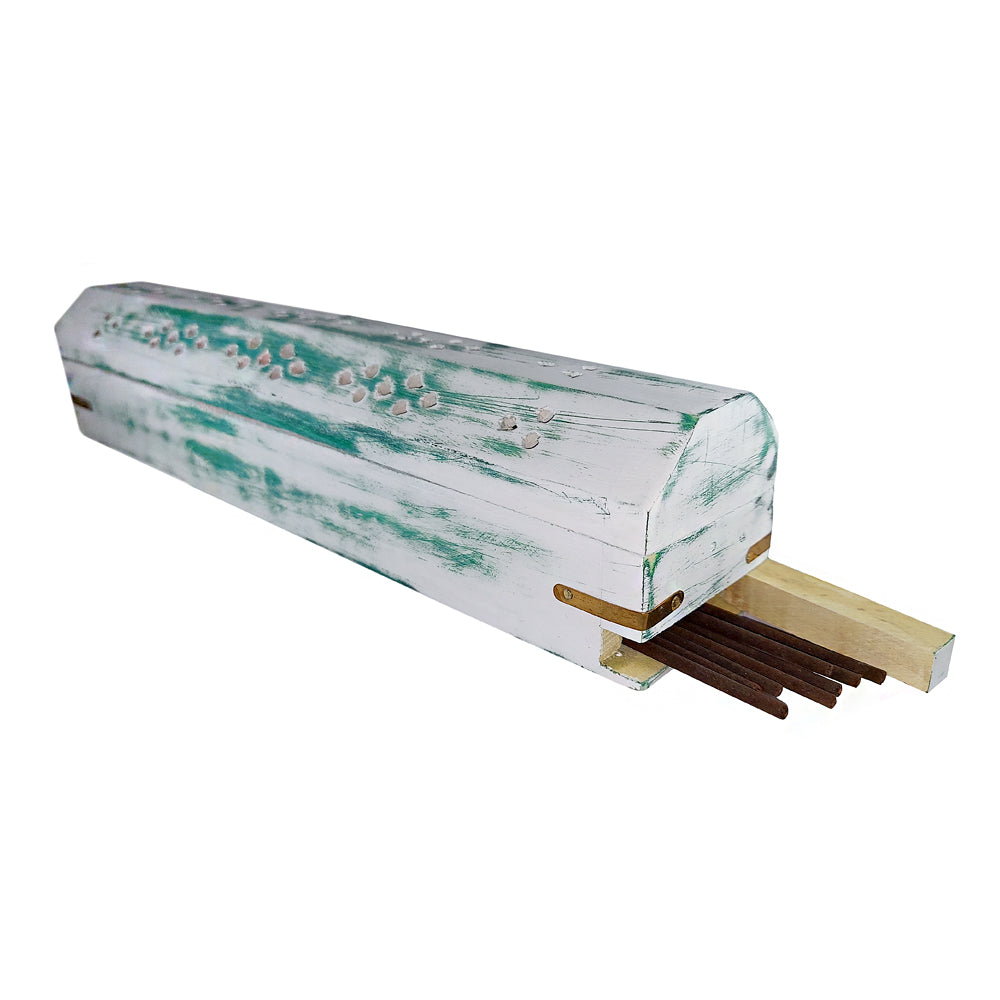 White Wash Wood Incense Box Burner (Green)