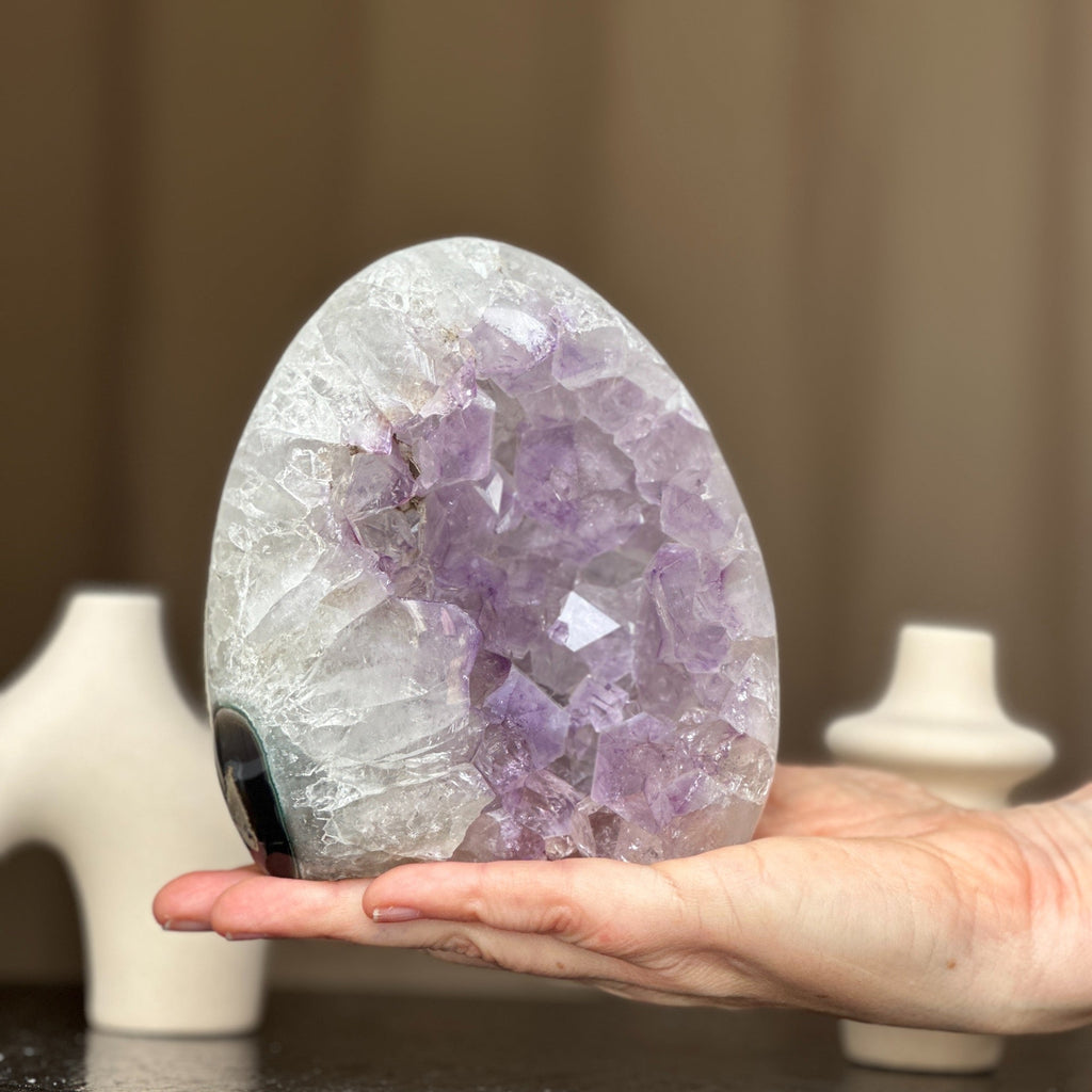 White Quartz & Amethyst Geode Crystal Egg, Large Cave with Agate formations | Amethyst Geodes | Wiccan Center