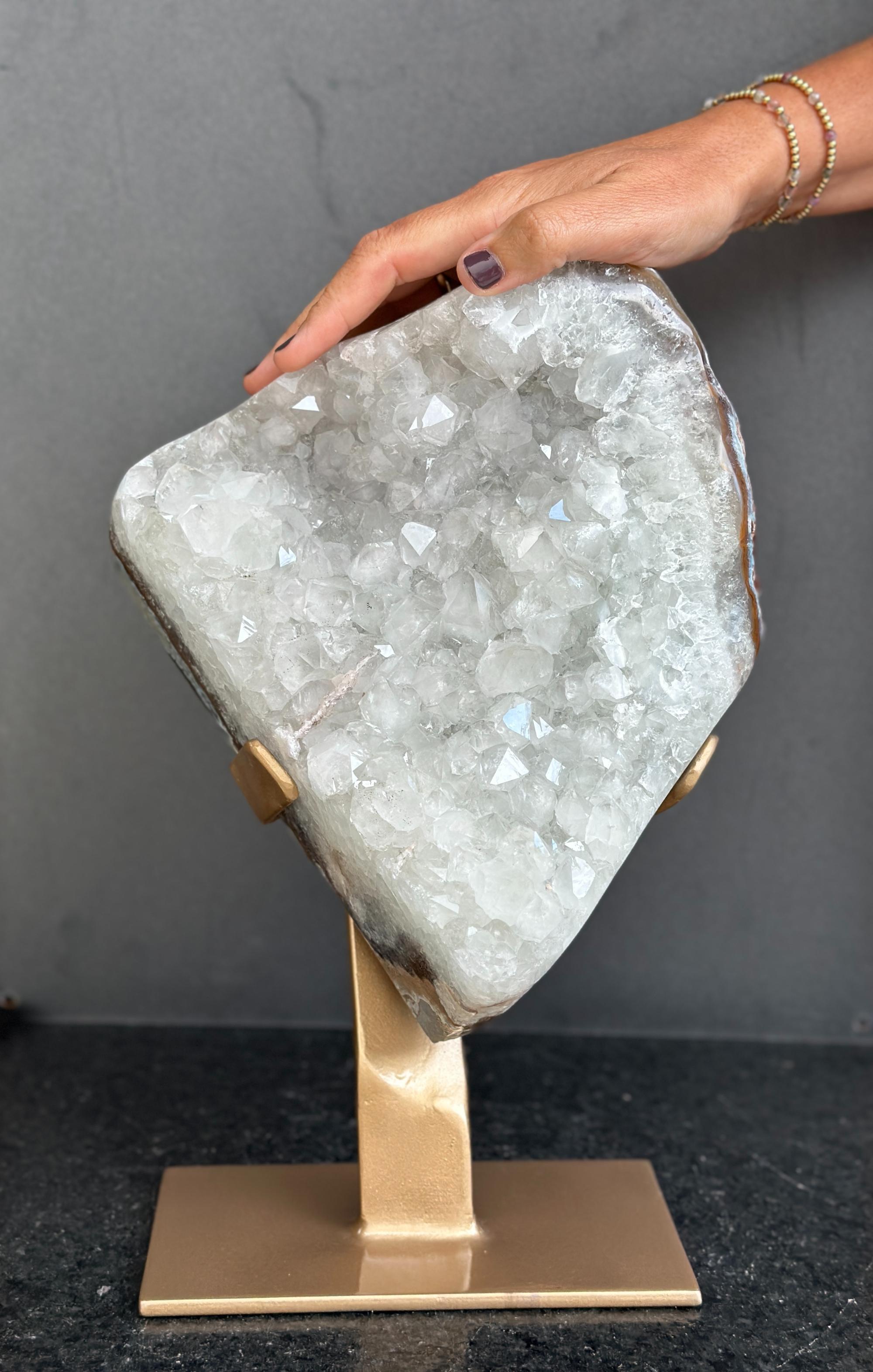 White quartz on stand, Geode with metallic base included for home decoration | Stalactite Eye Display | Wiccan Center