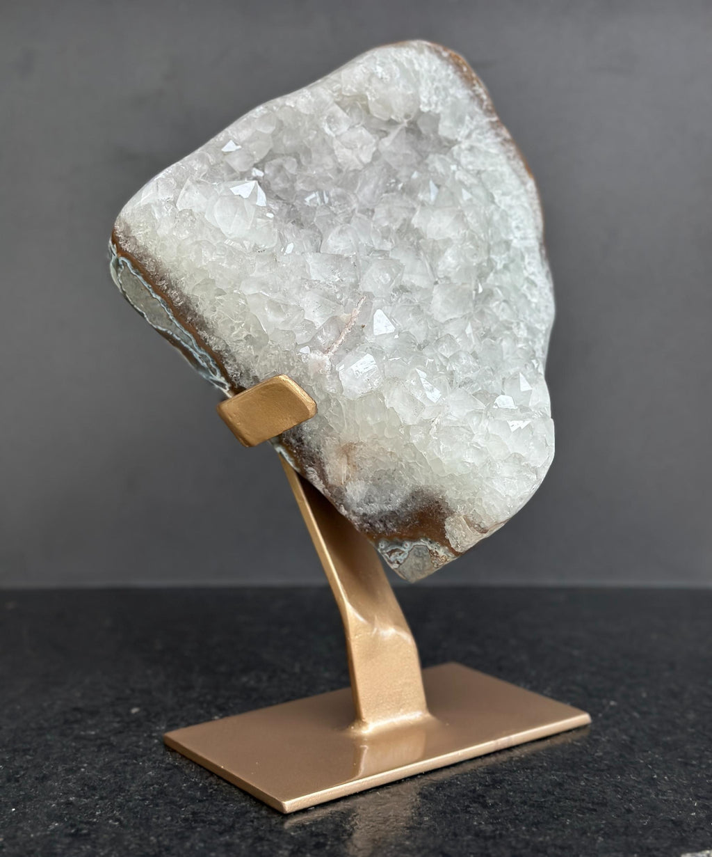 White quartz on stand, Geode with metallic base included for home decoration | Stalactite Eye Display | Wiccan Center