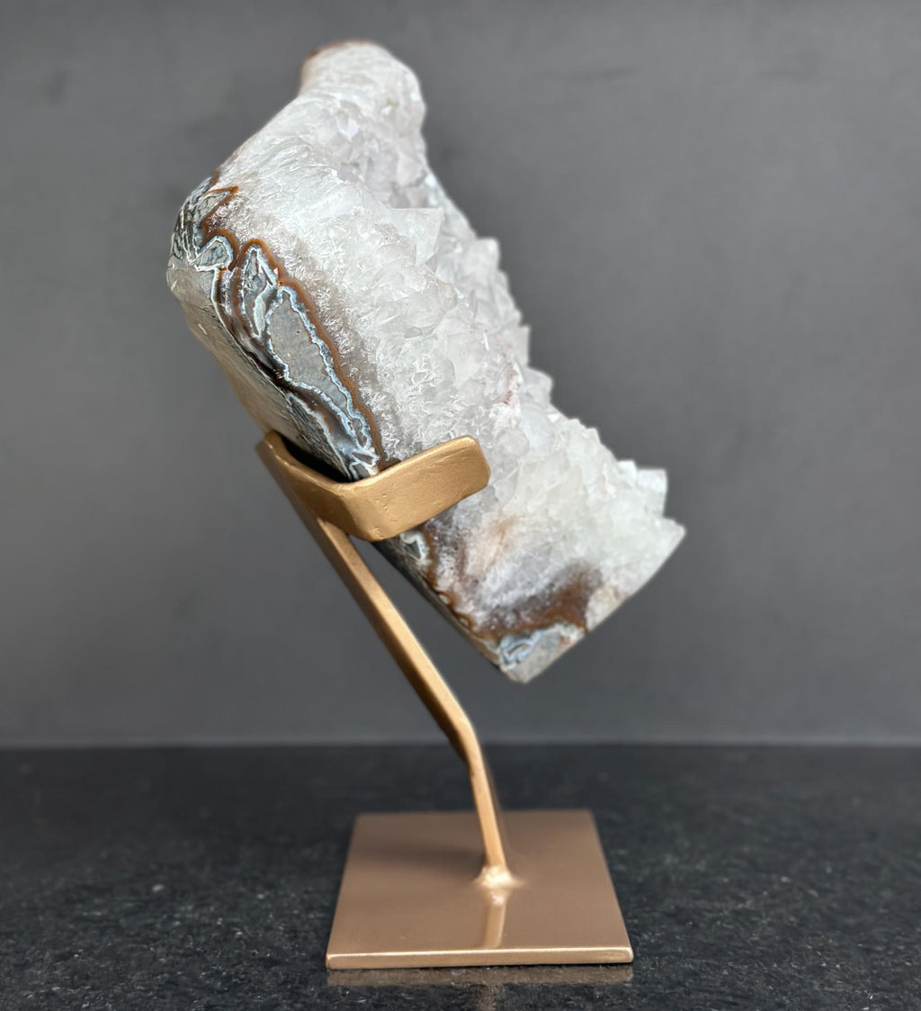 White quartz on stand, Geode with metallic base included for home decoration | Stalactite Eye Display | Wiccan Center