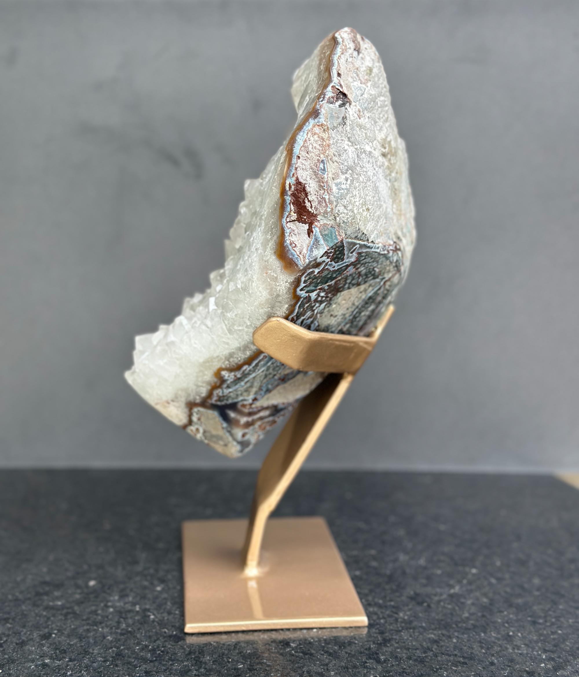 White quartz on stand, Geode with metallic base included for home decoration | Stalactite Eye Display | Wiccan Center