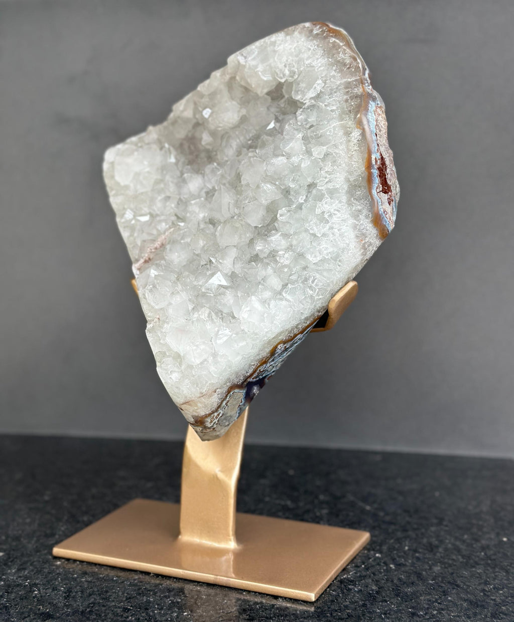 White quartz on stand, Geode with metallic base included for home decoration | Stalactite Eye Display | Wiccan Center