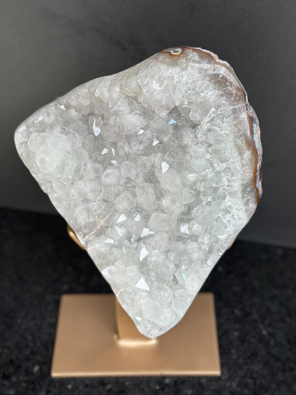 White quartz on stand, Geode with metallic base included for home decoration | Stalactite Eye Display | Wiccan Center