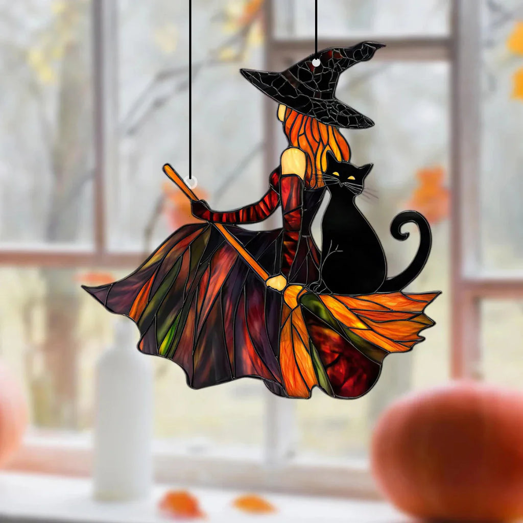 Autumn Witch Black Cat Sun Catcher | home decor | Wiccan Center