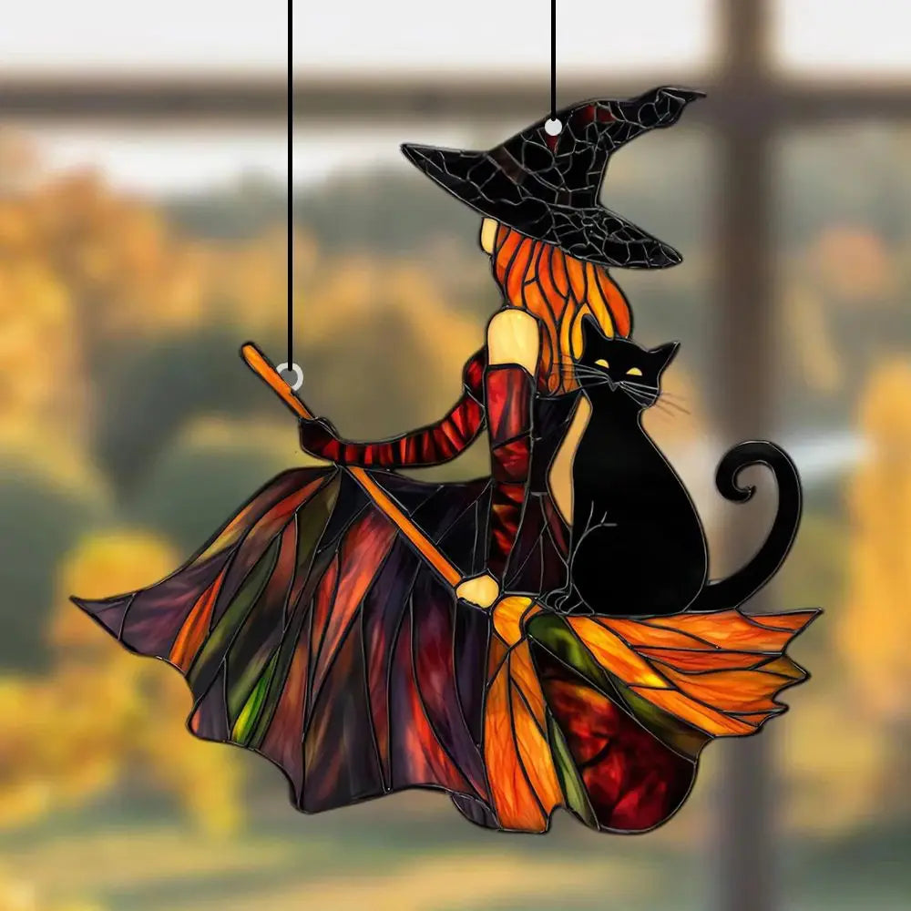 Autumn Witch Black Cat Sun Catcher | home decor | Wiccan Center