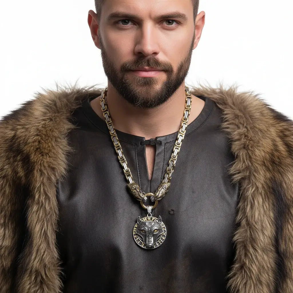 Wolf Head Viking Stainless Steel Pendant Necklace for Men – Norse Rune Amulet with Gift Box