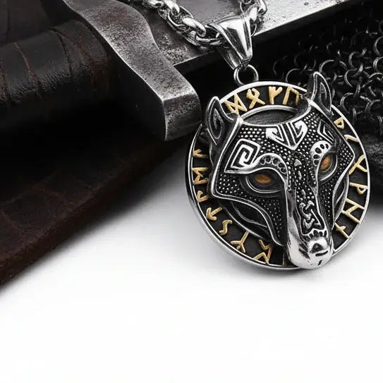 Wolf Head Viking Stainless Steel Pendant Necklace for Men – Norse Rune Amulet with Gift Box