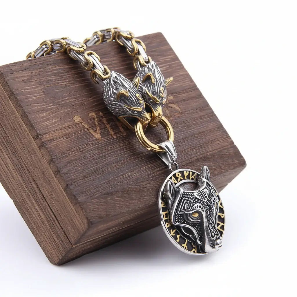 Wolf Head Viking Stainless Steel Pendant Necklace for Men – Norse Rune Amulet with Gift Box