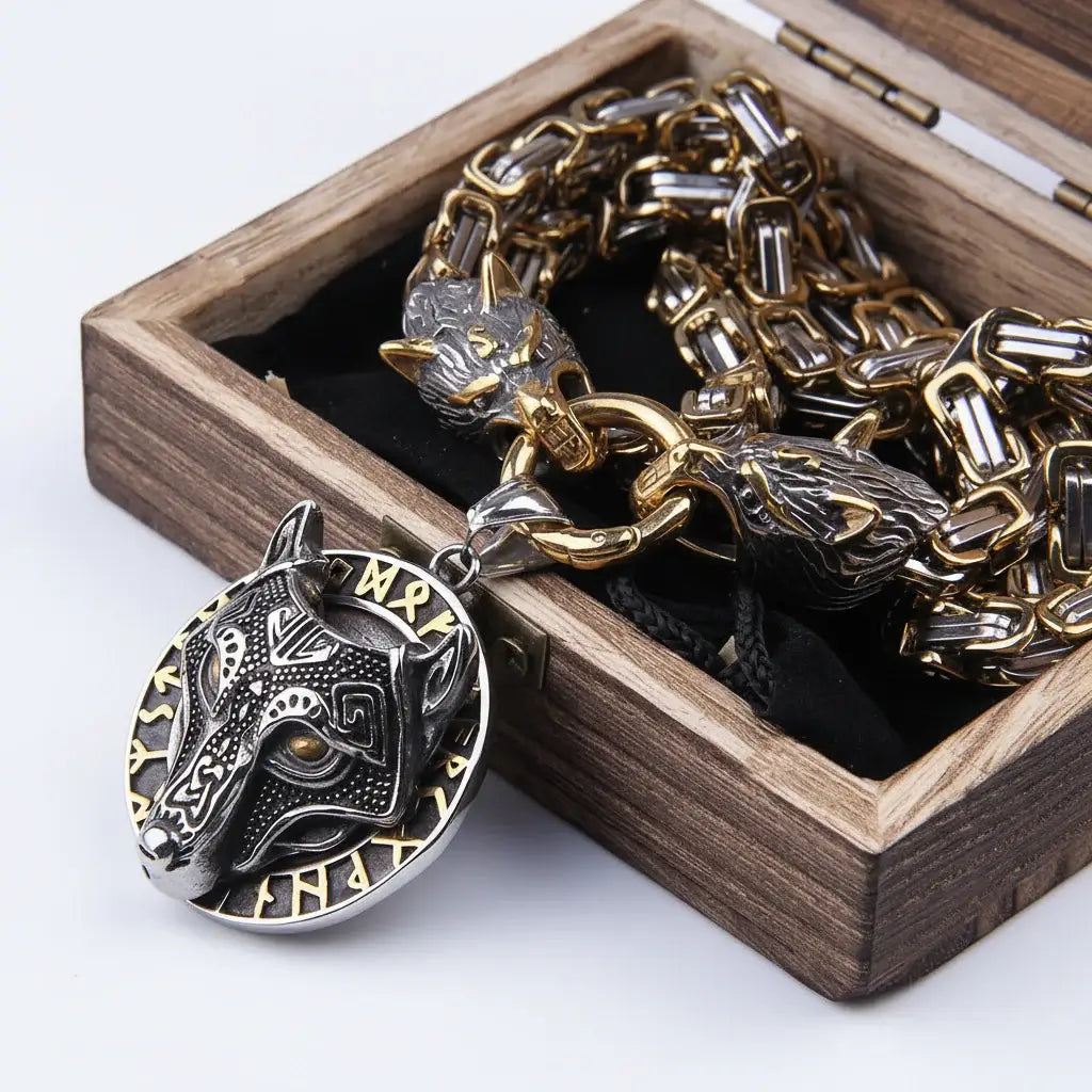 Wolf Head Viking Stainless Steel Pendant Necklace for Men – Norse Rune Amulet with Gift Box