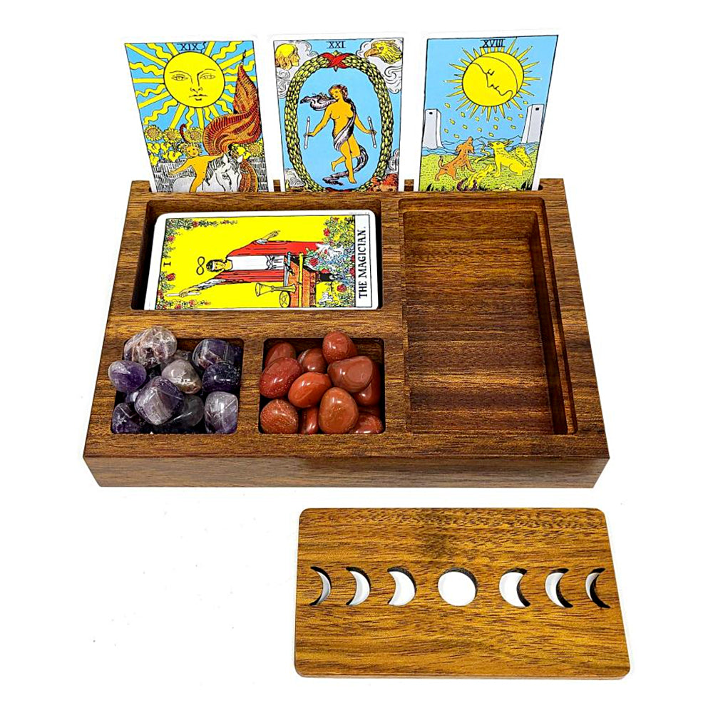Wooden Tarot Card Holder with Moon Phase Lid | Wood Box | Wiccan Center