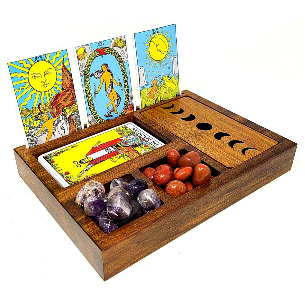 Wooden Tarot Card Holder with Moon Phase Lid | Wood Box | Wiccan Center