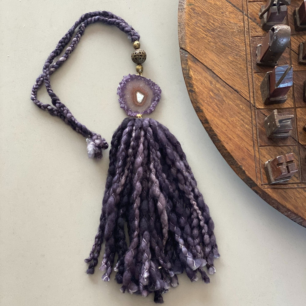 Wool Tassels with Amethyst Crystal Stalactite for Boho Decoration, Wall Hanging Tassels, Natural Merino Wool and Crystals Garland | Garland with Tassels | Wiccan Center