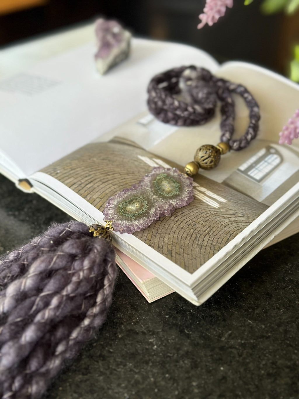 Wool Tassels with Amethyst Crystal Stalactite for Boho Decoration, Wall Hanging Tassels, Natural Merino Wool and Crystals Garland | Garland with Tassels | Wiccan Center