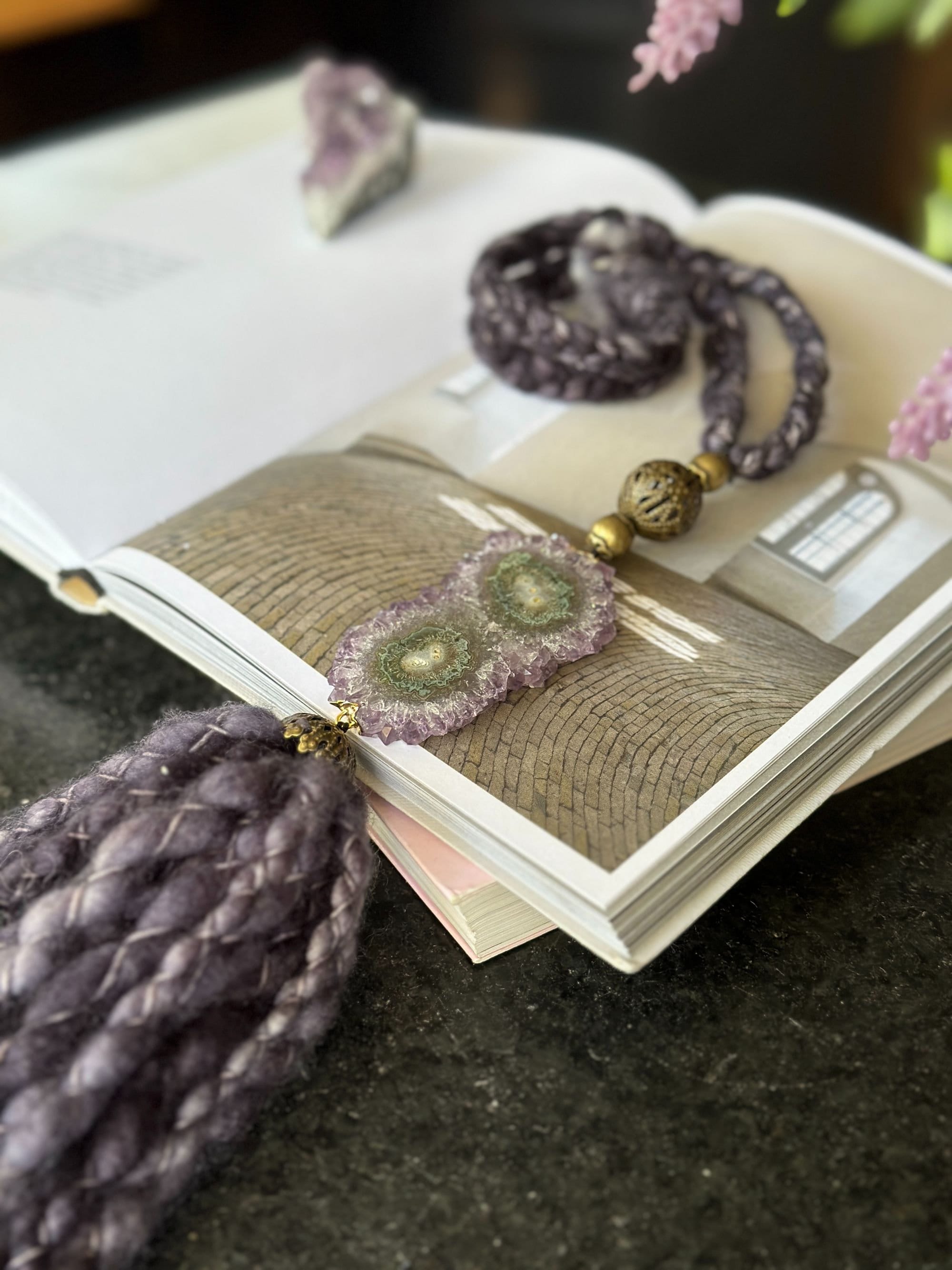 Wool Tassels with Amethyst Crystal Stalactite for Boho Decoration, Wall Hanging Tassels, Natural Merino Wool and Crystals Garland | Garland with Tassels | Wiccan Center
