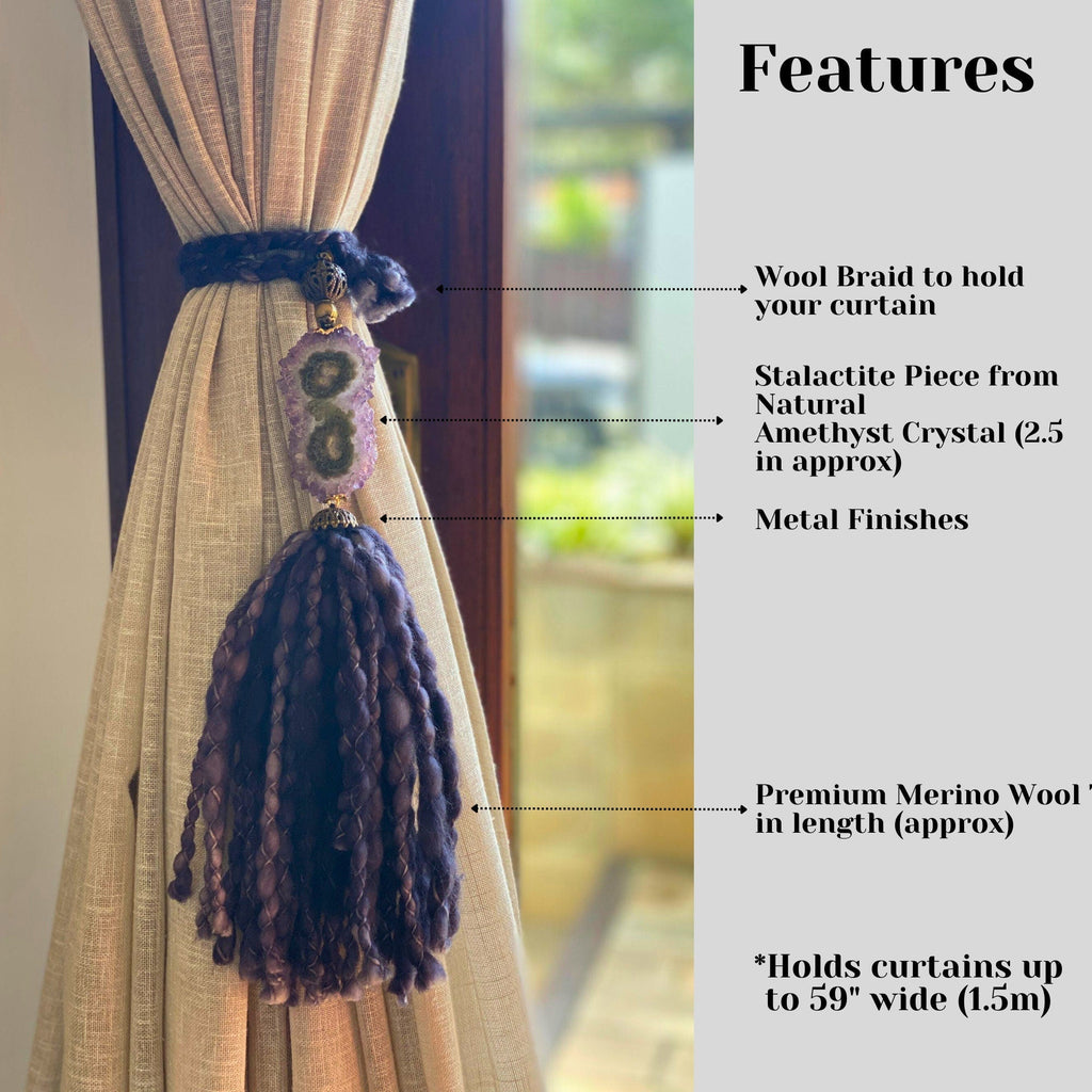Wool Tassels with Amethyst Crystal Stalactite for Boho Decoration, Wall Hanging Tassels, Natural Merino Wool and Crystals Garland | Garland with Tassels | Wiccan Center