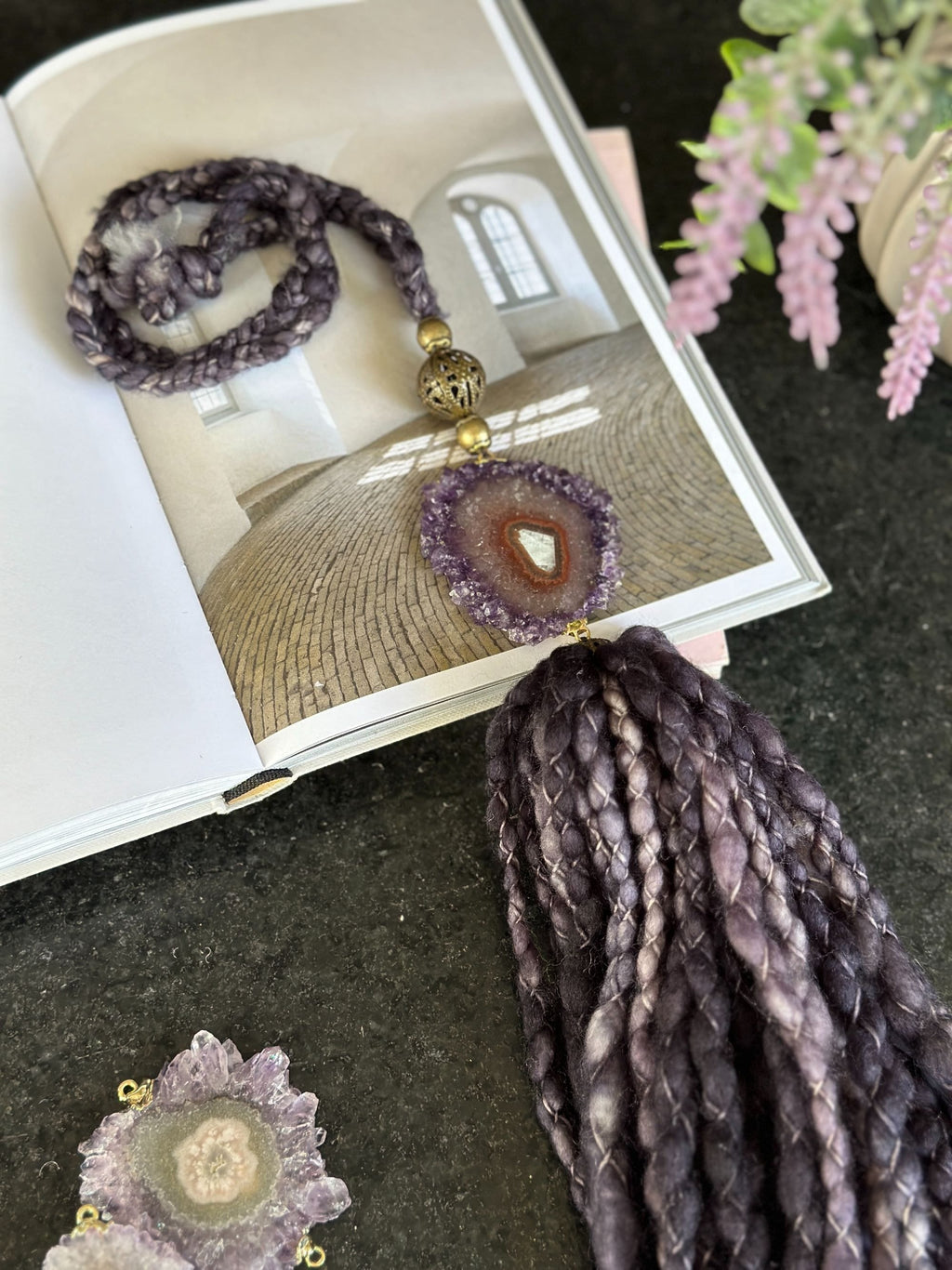 Wool Tassels with Amethyst Crystal Stalactite for Boho Decoration, Wall Hanging Tassels, Natural Merino Wool and Crystals Garland | Garland with Tassels | Wiccan Center