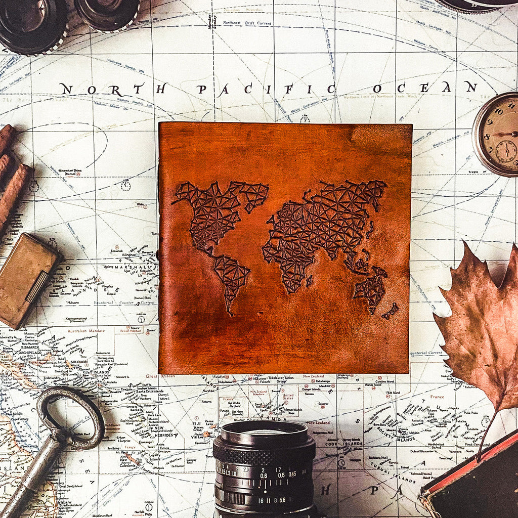 World Map 7x7 Artist Handmade Leather Journal | Journal | Wiccan Center