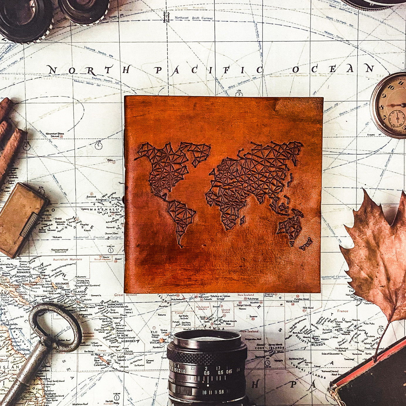 World Map 7x7 Artist Handmade Leather Journal | Journal | Wiccan Center