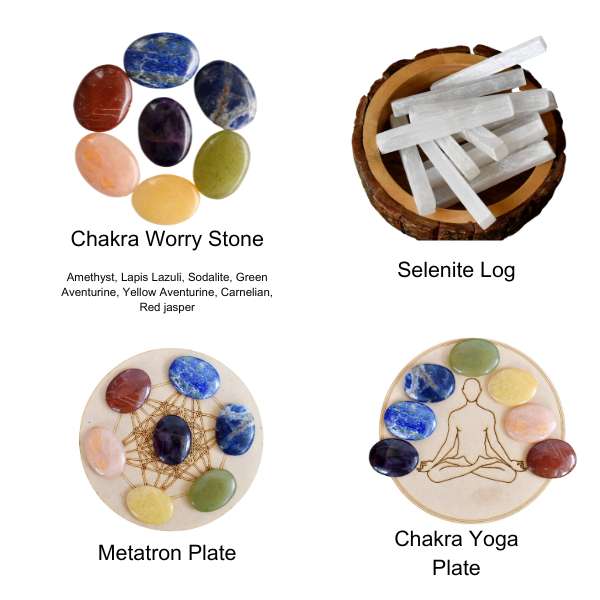 7 Chakra Crystals Worry Stones Set with Wooden Grid Plate, Selenite Log | | Wiccan Center