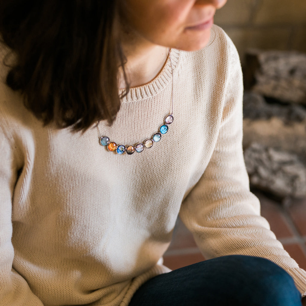 Curved Solar System Necklace in Silver | Necklace | Wiccan Center