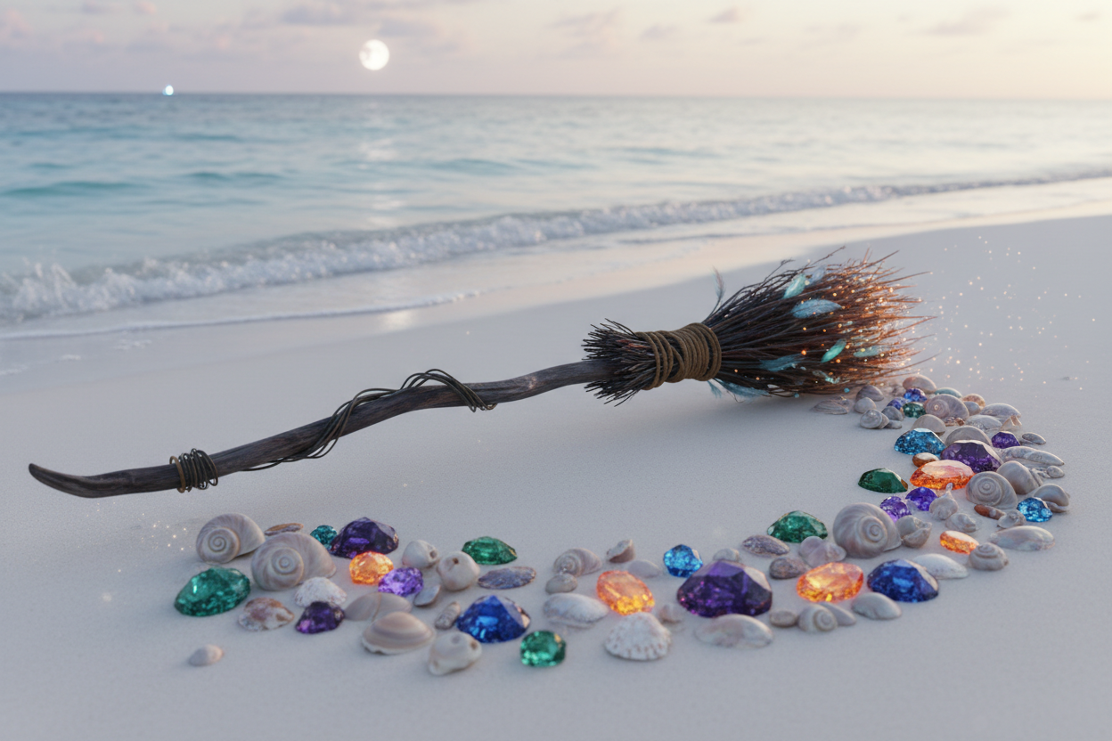 A witch's broom on a white beach with sea shells and precious stones