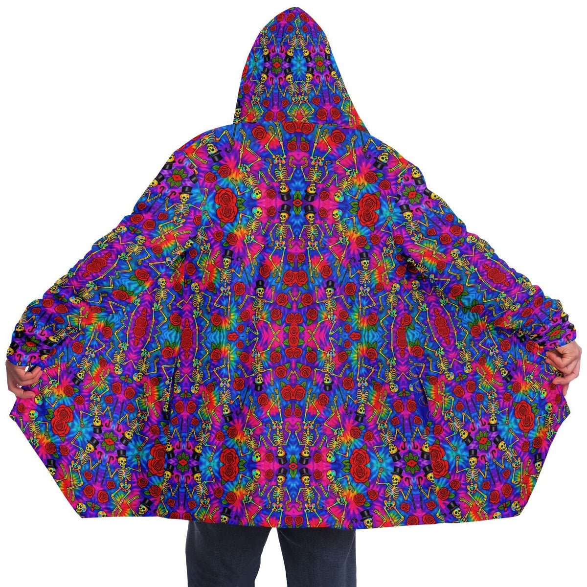Tie Dye Dancing Skeleton Cuddle Cloak | Grateful Dead | Minky Sherpa Lined Coat with Hood, Zipper and Pockets | Women and Mens Festival Coat | Mountain Fashion | Microfleece Cloak - AOP | Wiccan Center