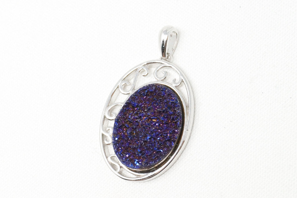 Vintage Designer TGGC Purple Druzy Quartz Art Deco Style Sterling Silver Pendant | Jewelry > Necklaces > Pendants | Wiccan Center