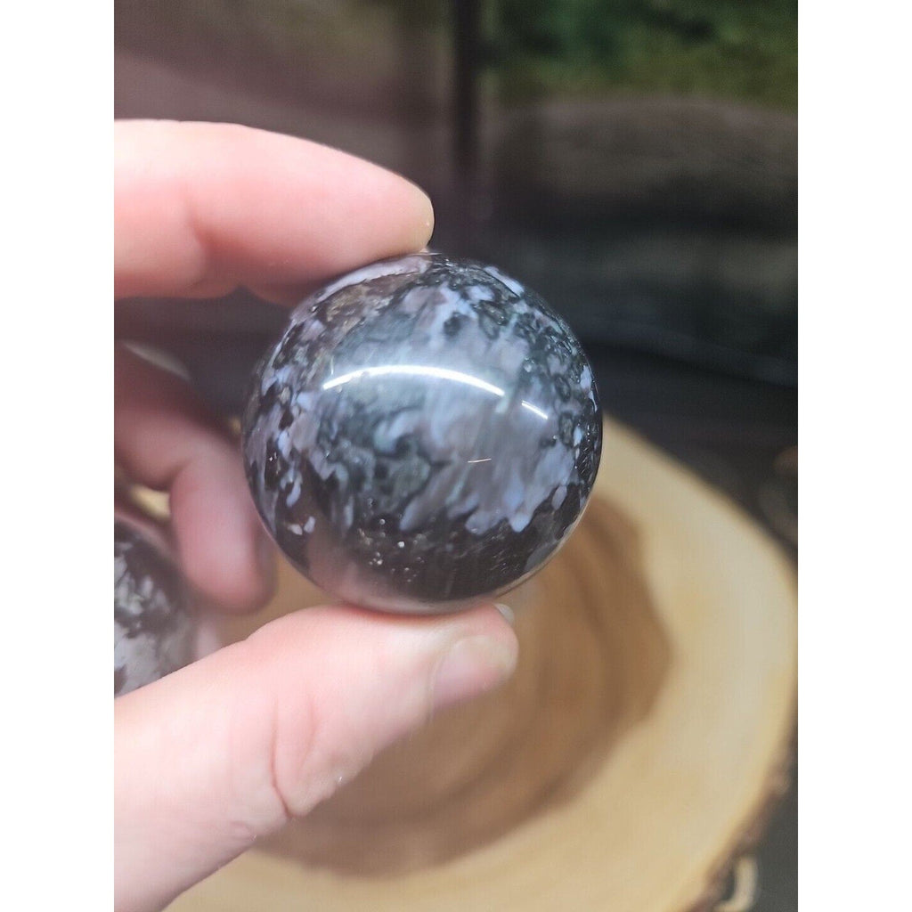 Black Flower of Fog Jasper Quartz Crystal Sphere Pair — 40mm, Madagascar | CrystalCloud Company