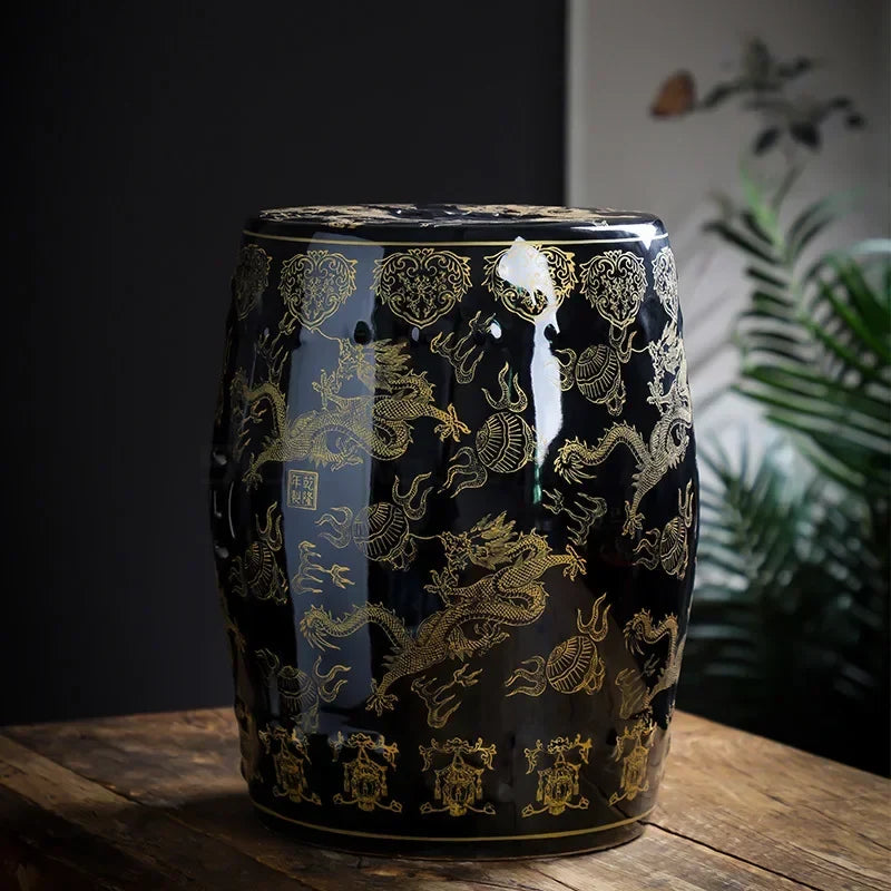 Black & Gold Dragon Porcelain Drum Stool | Modern Chinese Accent Seat & Side Table | Stools | Wiccan Center