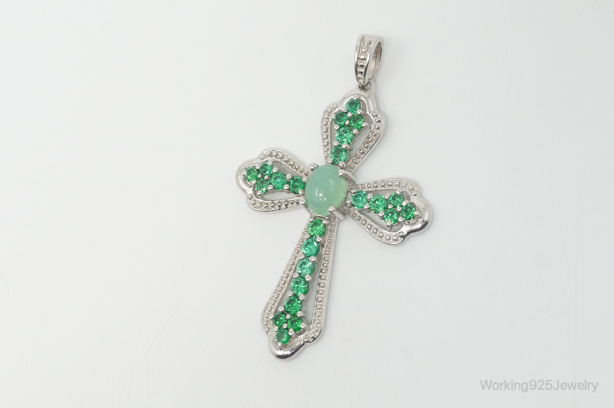 Vintage Green Chalcedony Green Cubic Zirconia Cross Sterling Silver Pendant | Jewelry > Necklaces > Pendants | Wiccan Center