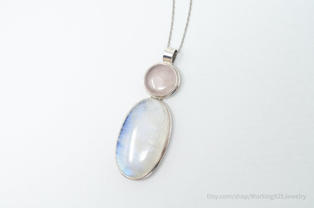 Vintage Large Moonstone Rose Quartz Sterling Silver Southwestern Necklace | Jewelry > Necklaces > Pendants | Wiccan Center