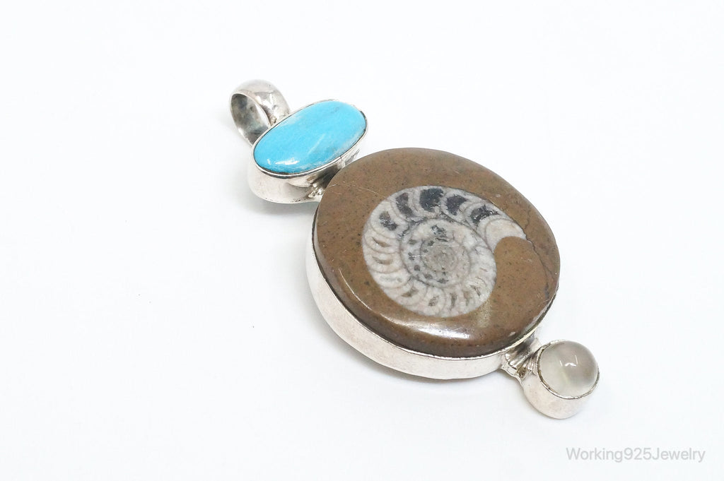 Vintage Large Fossil Shell Turquoise Gray Moonstone Sterling Silver Pendant | Jewelry > Necklaces > Pendants | Wiccan Center