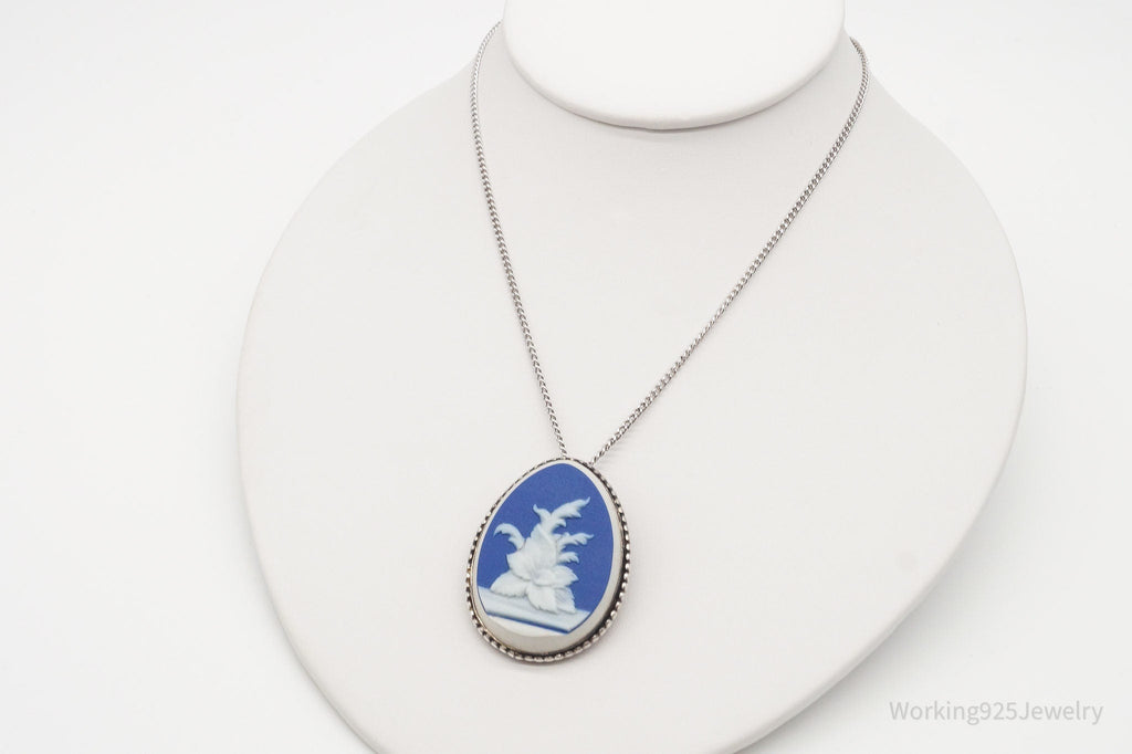 Vintage Carved Blue Agate Flower Sterling Silver Necklace 23" | Jewelry > Necklaces > Pendants | Wiccan Center