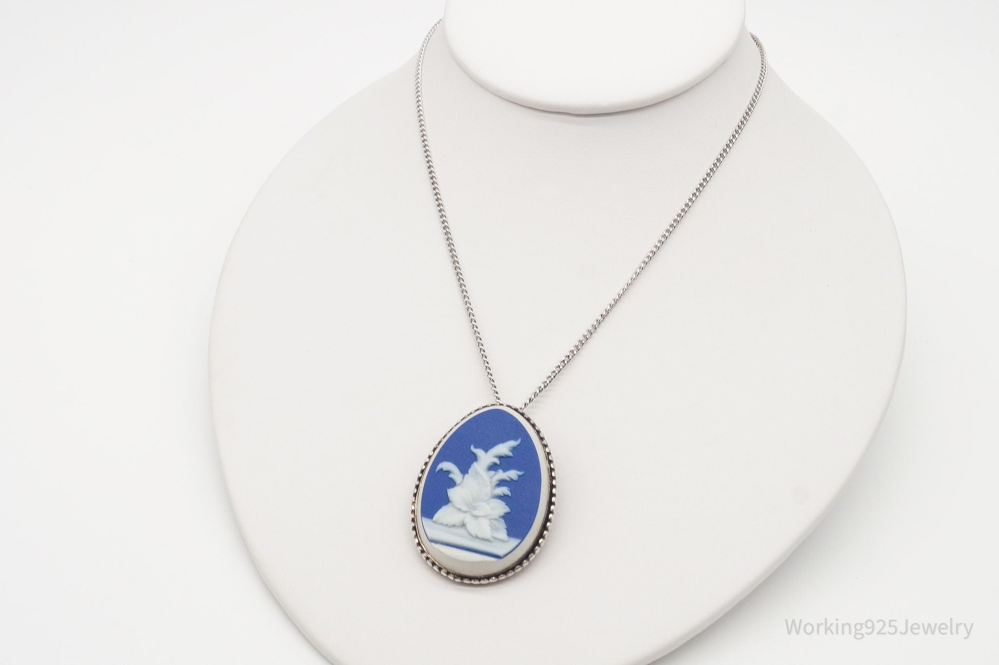 Vintage Carved Blue Agate Flower Sterling Silver Necklace 23" | Jewelry > Necklaces > Pendants | Wiccan Center