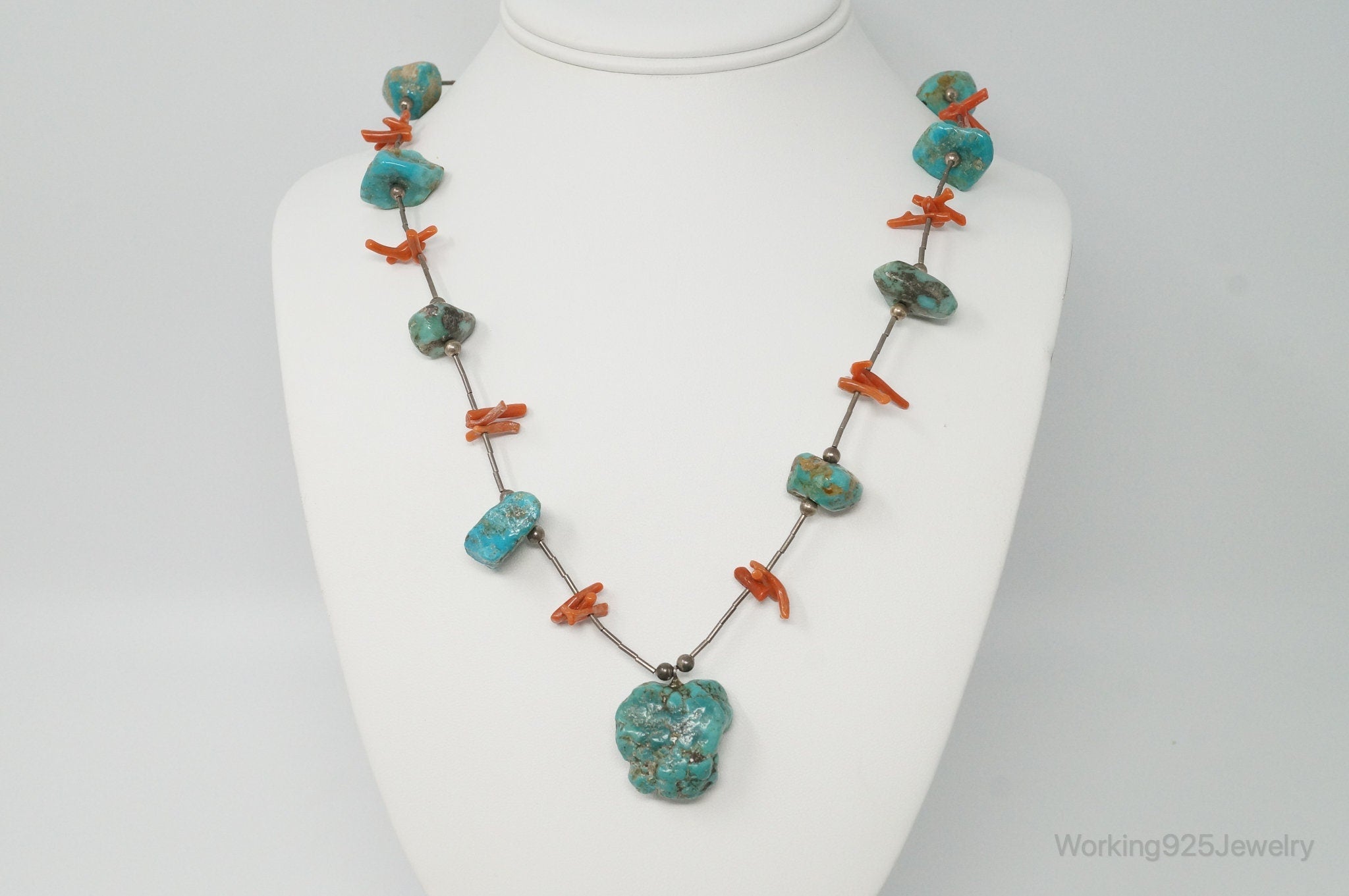 Vintage Native American Unsigned Turquoise Coral Sterling Silver Necklace | Jewelry > Necklaces > Pendants | Wiccan Center