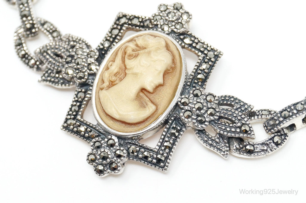 VTG Carved Cameo Shell Black Onyx Marcasite Sterling Silver Necklace | Jewelry > Necklaces > Pendants | Wiccan Center